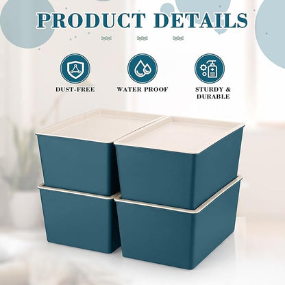 Menkxi 4 Pcs Storage Bins with Lids Plastic Stackable Containers for Organizing Shelves Christmas Ornament Box Baskets(Blue,Small)