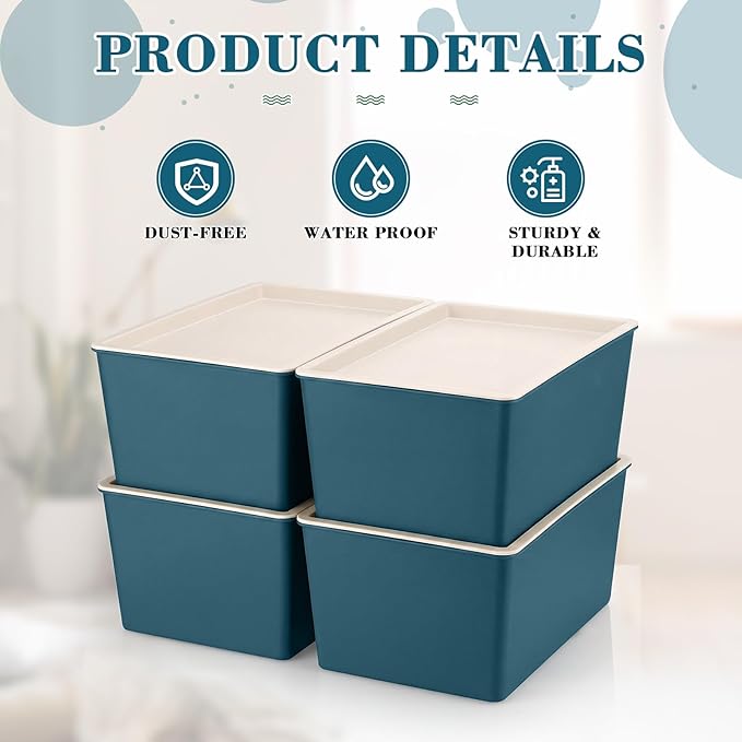 Menkxi 4 Pcs Storage Bins with Lids Plastic Stackable Containers for Organizing Shelves Christmas Ornament Box Baskets(Blue,Large)
