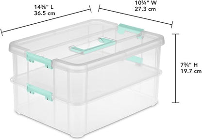 Sterilite 8-Pack Stack & Carry, 2 Layer Handle Box for Home & Office Storage - Clear Base & Lid with Color Latches, Organizer for Art & Craft Supplies, Sewing Tools or 8.5" x 11" Paper