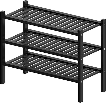 ROMGUAR CRAFT 3 Tier (Thick) Bamboo Shoe Rack for Entryway, Small Wood Shoe Shelf Storage Organizer for Closet, Shoe Stand for Hallway, Stackable and Sturdy 27"x12"x21" Black