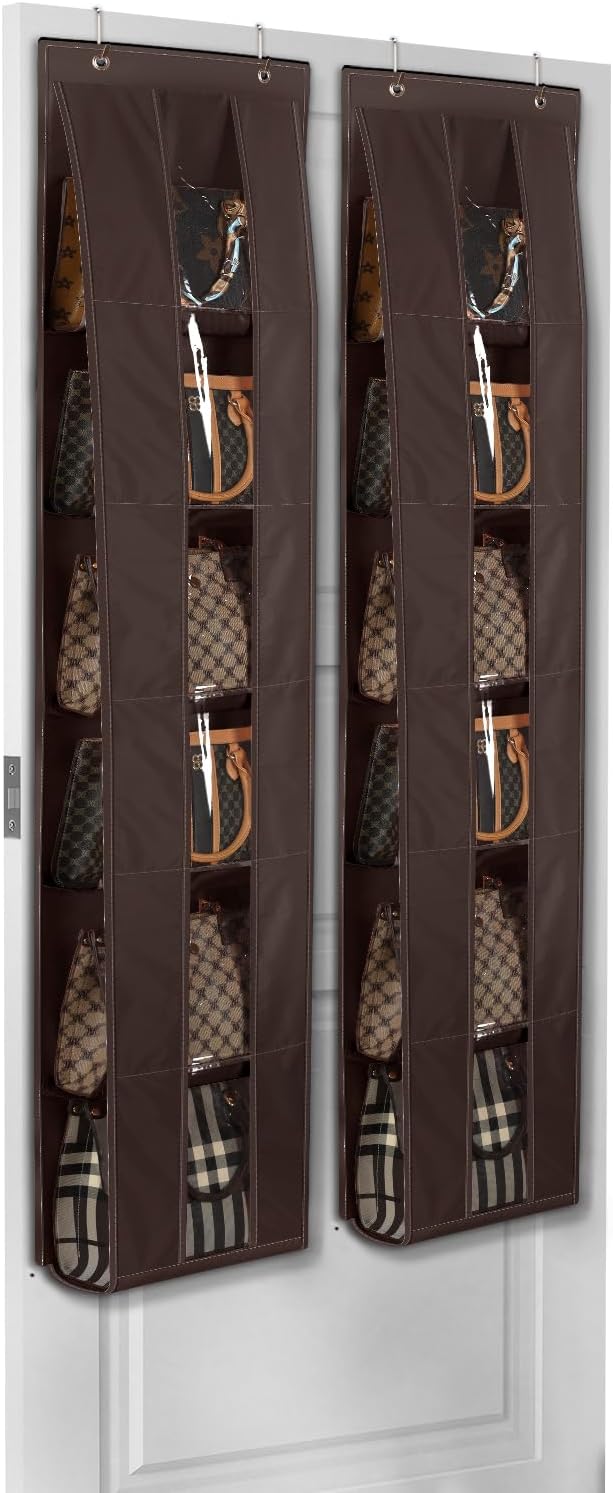 Lirex Over the Door Organizer, 2 Pack Handbag Storage with 6-Tier Space-Saving for Door or Closet, Handbag Hanger, Dark Brown