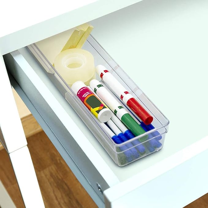 Glad Plastic Drawer Storage Tray – Heavy Duty Organizer Bin for Home, Kitchen, Bath, Bedroom, Office | Non-Slip Feet, 13" x 3.25", Clear