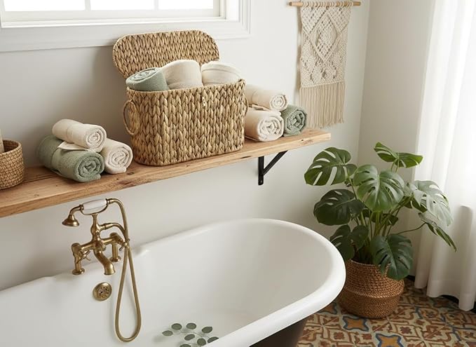Coeusy Toilet Paper Basket with Lid,Wicker Basket for Bathroom Organizers and Storage,Holds Up to 6 Mega Rolls, Decorative Hand-Woven Rattan Bathroom Decor Accessories,Natural Water Hyacinth