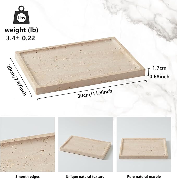 Real Luxurious Natural Travertine Tray - 12x8 Inch Marble Vanity Tray for Perfume Display, Jewelry Organizer, Bathroom & Home Decor -Heavy Duty Non-Slip Stone Tray (Non-Resin/Non-Ceramic)