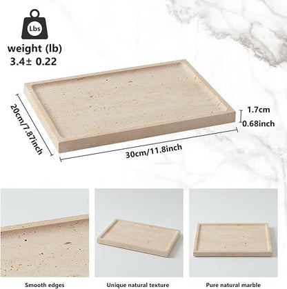 Real Luxurious Natural Travertine Tray - 12x8 Inch Marble Vanity Tray for Perfume Display, Jewelry Organizer, Bathroom & Home Decor -Heavy Duty Non-Slip Stone Tray (Non-Resin/Non-Ceramic)
