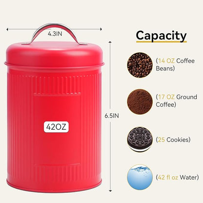 Farmhouse Coffee Canister Storage Container, 42 Oz Vintage Coffee Bean Airtight Jar with Lids, Food Tins with 12 Label Stickers, Kitchen Counter Pantry Organization for Candy Sugar Cookie Tea (Red)