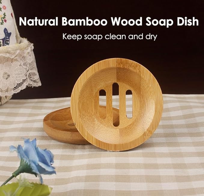 AKOAK Round Shape Natural Bamboo Wood Soap Dish Storage Holder for Shower,Counter,Sink,Bathroom - 1 Count