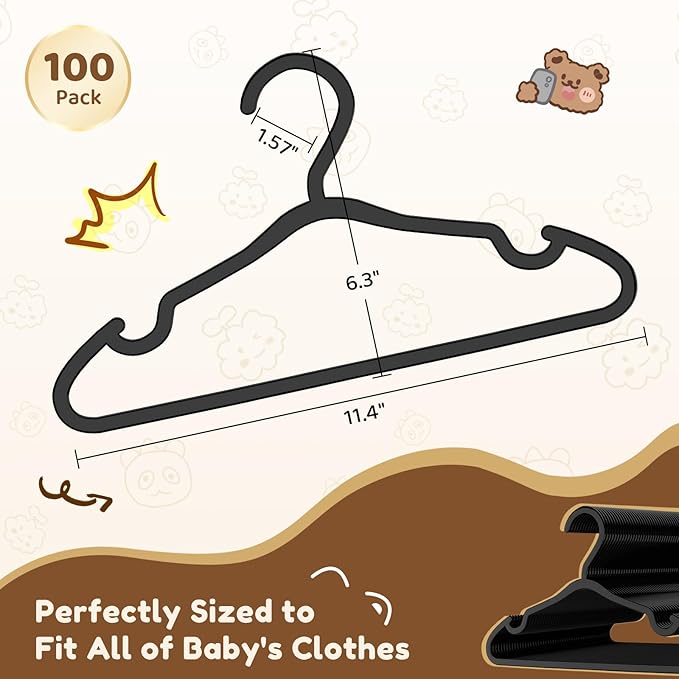 VILICK Plastic Kids Hangers - 100 Pack Non-Slip Baby Clothes Hangers for Closet, Toddler & Newborn Clothing Pants, Skirts, Coats (Black)