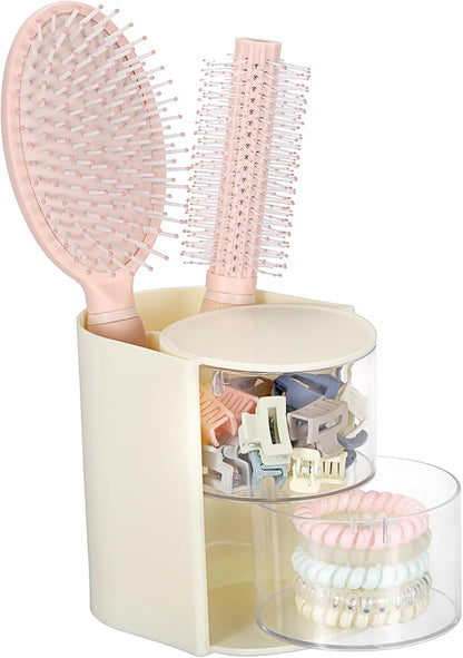 Rotating Hair Accessories Organizer with Comb Holder Cosmetic Storage Case for Makeup Sponge Plastic Desktop Organizer, 2-Layer Yellow
