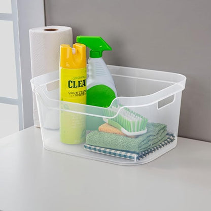 Sterilite 7 x 11 x 14.25 Inch Polished Open Scoop Front Storage Bin with Comfortable Carry Through Handles for Household Organization, Clear (12 Pack)