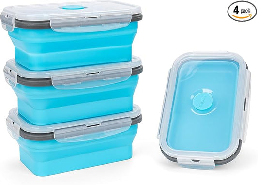 Collapsible Silicone Food Storage Containers Set with Lid & Air Vent,Foldable Lunch Containers(4PCS,Blue,17oz)