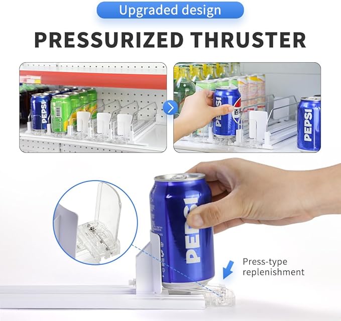 Upgraded Press-type Drink Organizer for Fridge, Capable of horizontal pushing Soda Can Dispenser for RefrigeratorSpace-Saving Automatic Drink Pusher Glide System - Holds 30 Cans (6 Rows)