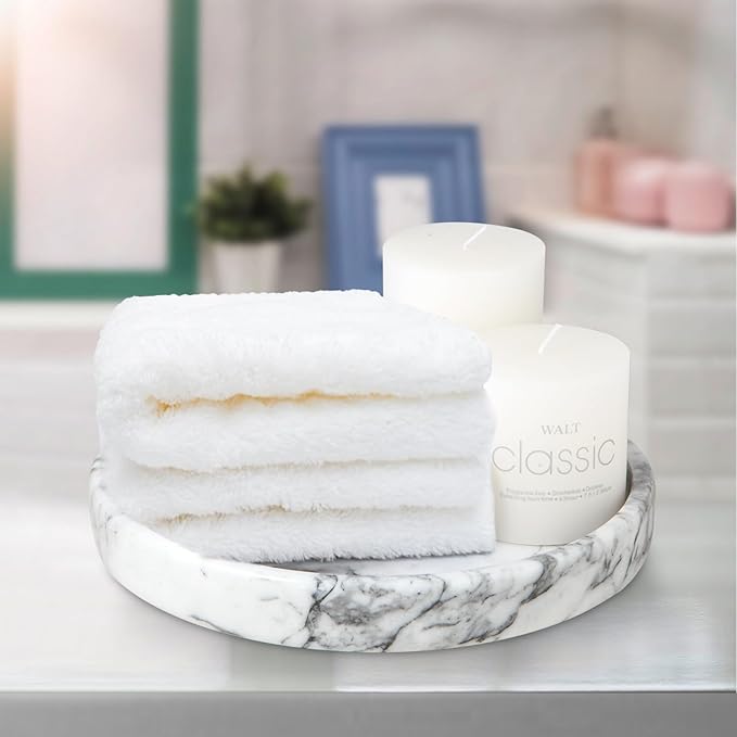 Round Natural Marble Tray for Bathroom, 10" Decorative White Marble Tray for Home, Bathroom Vanity Tray and Elegant Marble Serving Tray
