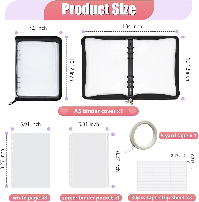 KEIFIN Press On Nail Storage Organizer Binder with 8 Insert Pages - A5 Size Reusable Fake Nail Swatch Collecting Book Polish Color Display Holder Container with Tape and Zipper Pocket (BLACK)