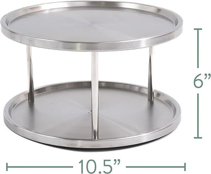 Estilo Stainless Steel 2-Tier Spice Rack Lazy Susan Organizer | 360-Degree Racks for Inside Cabinets | Rotating/Spinning Storage | Food, Kitchen, Pantry, Medicine