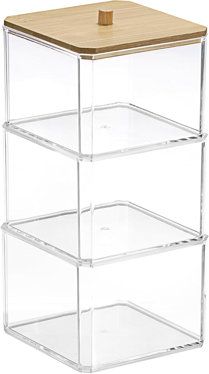 Hipiwe 3 Tiers Acrylic Cotton Swab Organizer Clear Qtip Holder with Lid Stackable Bathroom Accessories Storage Box for Office Living Room Bathroom, 3.7 x 3.5 x 7.8 Inch
