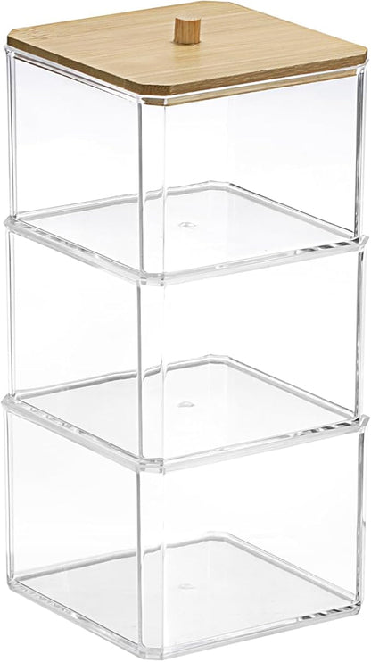 Hipiwe 3 Tiers Acrylic Cotton Swab Organizer Clear Qtip Holder with Lid Stackable Bathroom Accessories Storage Box for Office Living Room Bathroom, 3.7 x 3.5 x 7.8 Inch