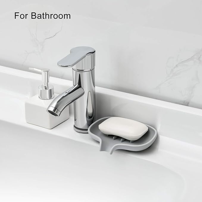 SUBEKYU Silicone Soap Dish for Bathroom,Bar Soap Holder for Shower with Draining Tray, Waterfall Soap Tray for Kitchen Sink, Set of 2 (White + Gray(Style 1))
