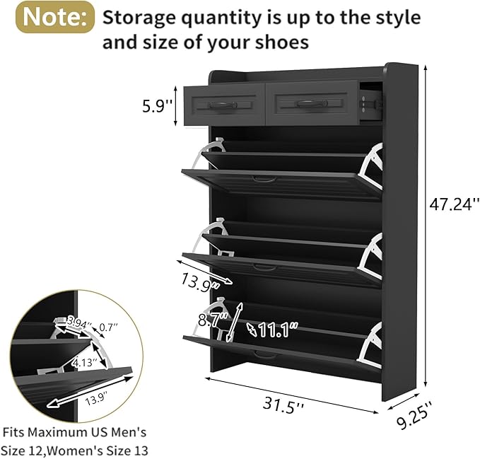 VERYKE Shoe Storage Cabinet for Entryway with 3 Flip Drawers and 2 Top Drawers,Large Shoe Rack Organizer Cabinet for Closet,Hallway