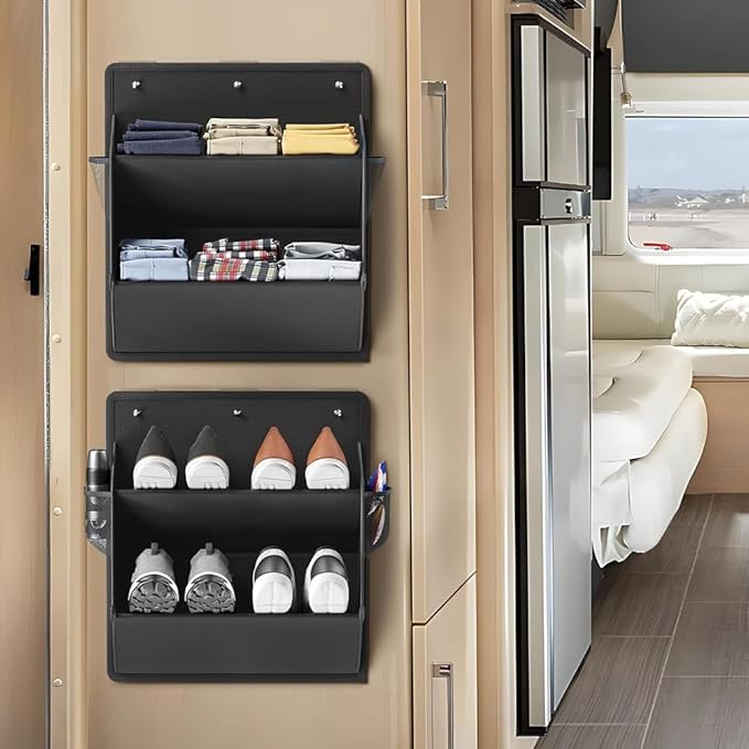 2 Pack RV Shoe Storage with Sticky Adhesive Tape, Over The Door Shoe Rack,Wall Hanging Shoe Organizer with Pockets Black
