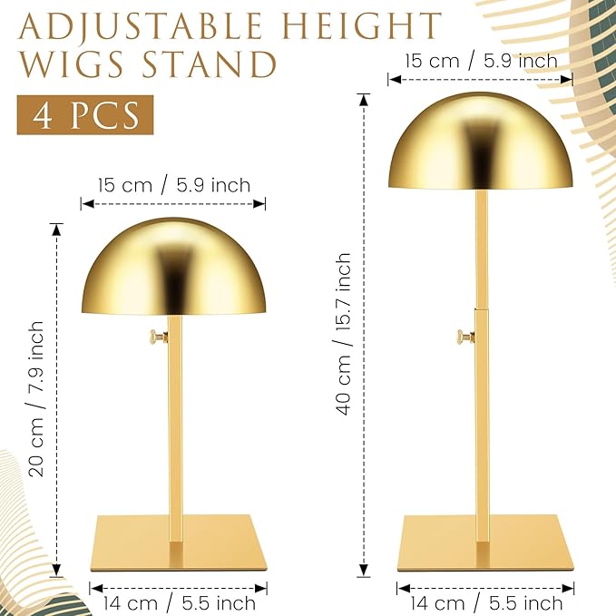 Sintuff 4 Pcs Hat Display Stand:adjustable 7.9-15.7inch Wigs Head Holder Stand Non Slip Stainless Steel Metal Rack for Multiple Hats Wig Storage Styling Practice(Gold,Square Base)