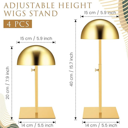 Sintuff 4 Pcs Hat Display Stand:adjustable 7.9-15.7inch Wigs Head Holder Stand Non Slip Stainless Steel Metal Rack for Multiple Hats Wig Storage Styling Practice(Gold,Square Base)