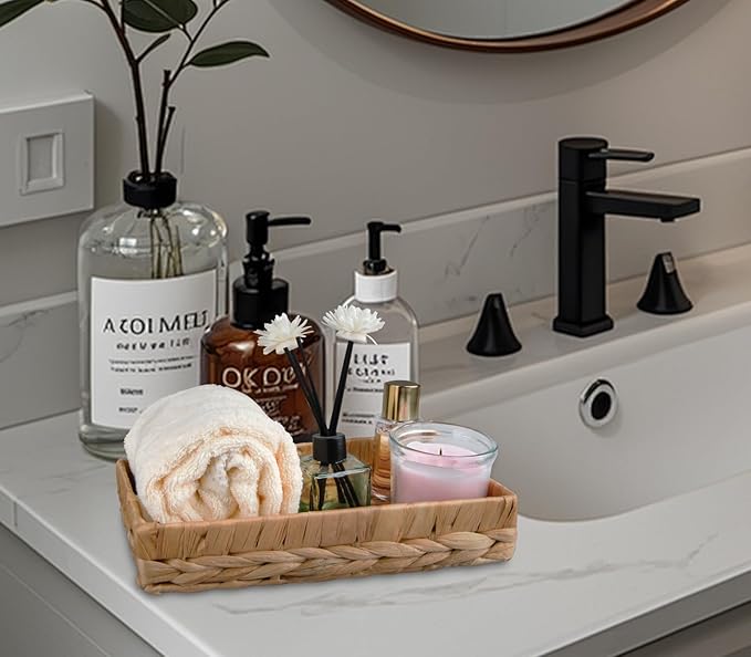 Rectangle Bathroom Tray, 10" Bathroom Over Toilet Tank Tray Water Hyacinth Wicker Basket for Bathroom Counter Long Narrow Badtub Hand Towel Storage Basket for Home Decor, Rattan Yellow