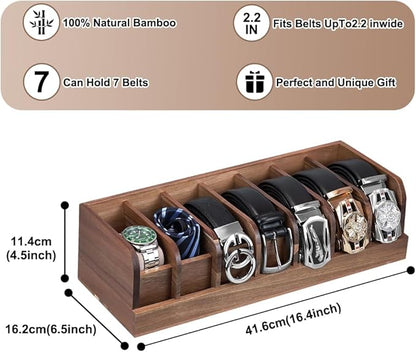 Wood Belt Organizer, 7 Grids Belt Rack, Belt Storage Holder for The Closet and Drawer, Belt Storage Organizer and Displayer, Belt holder Storage Organizer for Men Women, Brown