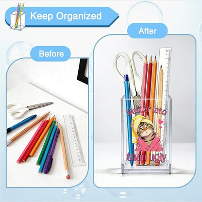 Better Late Than Ugly Acrylic Makeup Brush Organizer Holder, Cute Cat Desk Storage Organizer, Office Gifts for Coworker Boss Female, Self Affirmation Gifts for Cat Lover Friend Makeup Artist