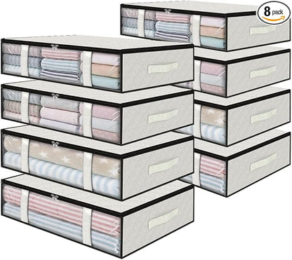 StorageRight Under Bed Storage Bags 8 Pack, 40L Large Clothes & Comforter Storage Containers with Clear Window, Breathable Fabric Organizer for Blankets, Bedding, Seasonal Clothing, White
