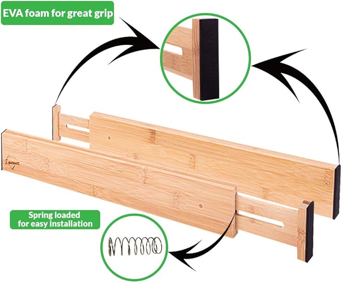 Adjustable Bamboo Drawer Dividers – SMALL SIZE, Expandable 12–16 inch – Spring Loaded Drawer Organizer for Kitchen, Dresser, Bathroom, Bedroom, Desk – 6-Pack