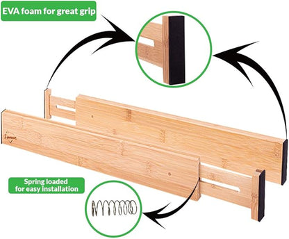 Adjustable Bamboo Drawer Dividers – SMALL SIZE, Expandable 12–16 inch – Spring Loaded Drawer Organizer for Kitchen, Dresser, Bathroom, Bedroom, Desk – 6-Pack
