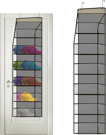 Over the Door Hat Rack Organizer for Daseball Caps, 6-Shelf Clear Baseball Hat Storage Organizer for Closet Wall Door, Hat Holder with 2 Hooks (Grey)