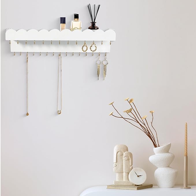 Wall Mount Jewelry Organizer with 28 Hooks and Cosmetics Shelf, Modern Wood Hanging Jewelry Holder for Necklaces, Bracelets, Earrings and Rings, White