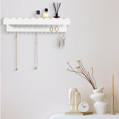 Wall Mount Jewelry Organizer with 28 Hooks and Cosmetics Shelf, Modern Wood Hanging Jewelry Holder for Necklaces, Bracelets, Earrings and Rings, White