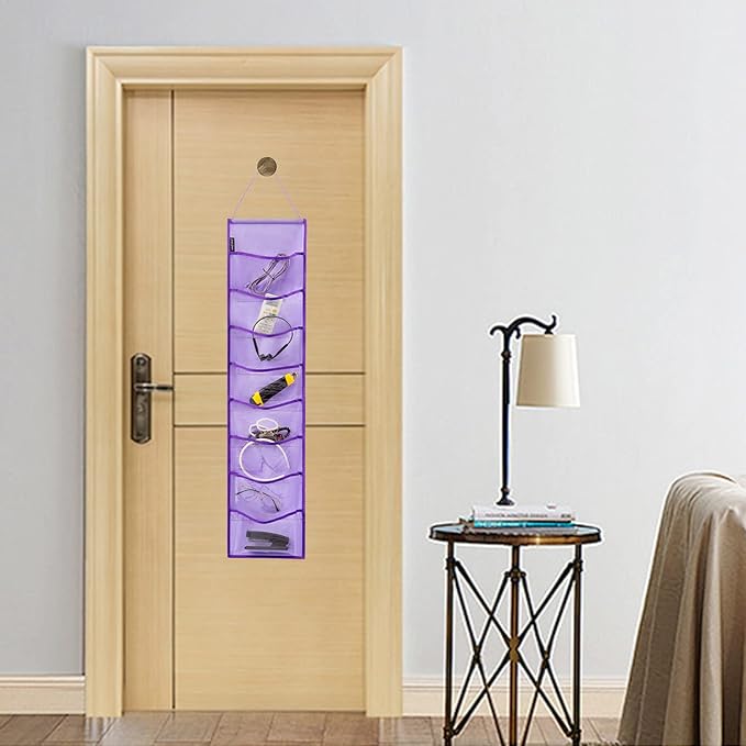 Wall Hanging Headband Organizer Ribbon Hair Hoops Storage Hairbands Hair Accessory Holder with Clear Pockets (PURPLE-8 POCKETS -2 Pack)