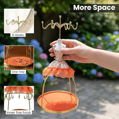 Go Hooked Doll Dress Jewelry Holder Stand | Jewelry Organizer Stand with Hooks for Necklaces, Earrings, Bracelets & Rings | Decorative Jewelry Storage Display for Dressing Table Bedroom (Orange)