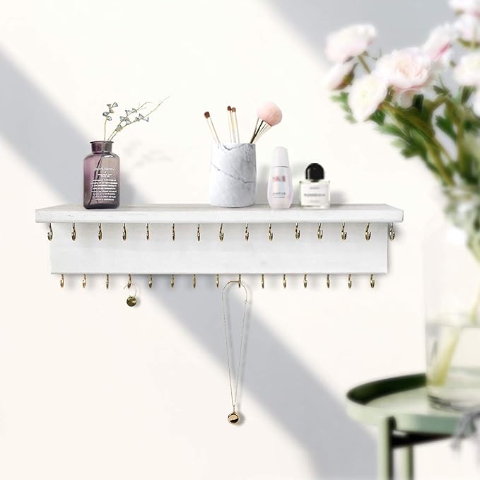 SANY DAYO HOME Necklace Holder Organizer Wall Mounted Jewelry Shelf with 24/30 Hooks, White