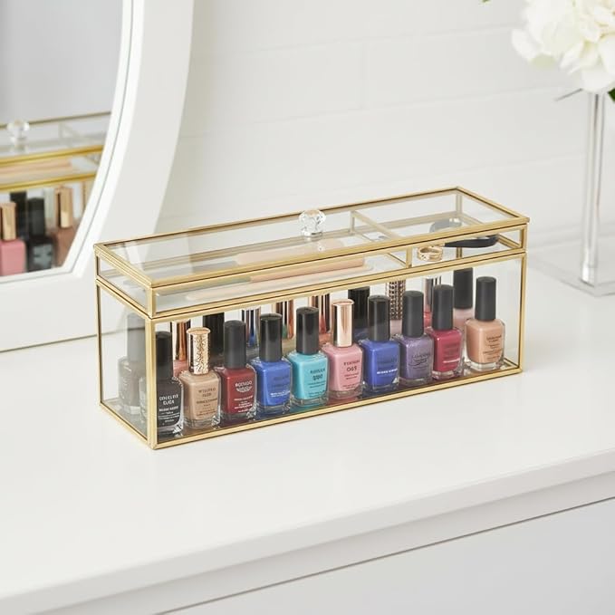 JUXYES Glass Nail Polish Set Storage Box with Tray and Lid, Double Tiers Personal Storage Box Organizer with Mirrored Bottom for Nail Polish Tweezer Manicure Tools Nail Art Accessories Tools Supplies