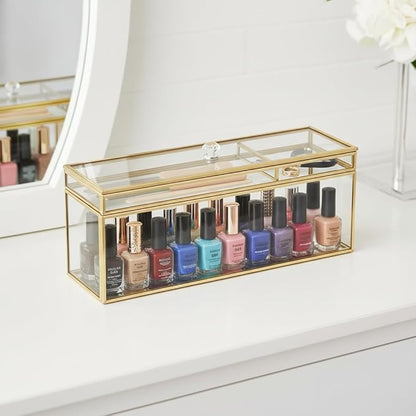 JUXYES Glass Nail Polish Set Storage Box with Tray and Lid, Double Tiers Personal Storage Box Organizer with Mirrored Bottom for Nail Polish Tweezer Manicure Tools Nail Art Accessories Tools Supplies