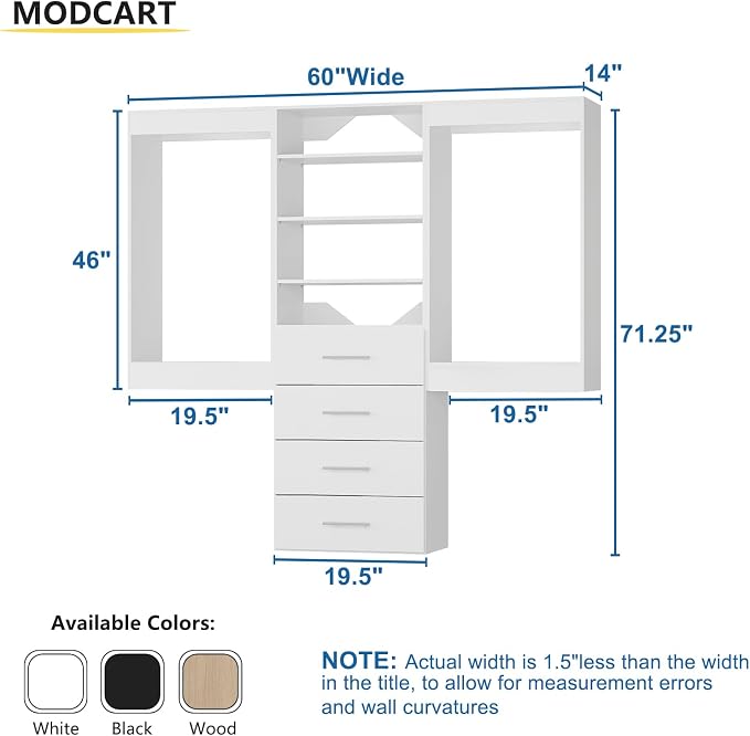 Modular Closet System, 60" Wide Closet Organizer System with Hanging and Drawers, Wood Tower Closet Storage for Walk In Closets, Wall Mounted Wardrobe Organizer Kit System, Bedroom, White