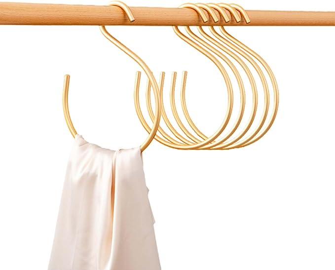6Pcs Scarf Ring Hangers Gold, Belt Ring Hook Tie Rack Holders Closet Hanger Organizer Multi-Purpose S-Shaped Circle Storage Hook for Ties Scarves Baseball Cap Wardrobe Accessory Storage