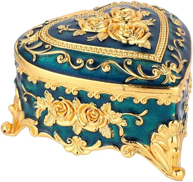 Retro Metal Jewelry Box - Heart shaped Jewelry Play Box with Rose Table Jewelry Storage Box Used for Rings Earrings Necklaces Women's Gifts Girls' Gifts (Blue)