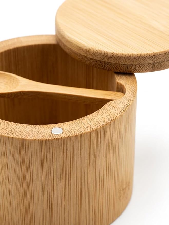Salt Cellar with Magnetic Swivel Lid and Spoon – Bamboo Salt Box for Countertop, 6 oz Wooden Salt Container | Stores Sea Salt, Kosher Salt, Spices, Pepper & Sugar | Housewarming Gift for Home Cooks