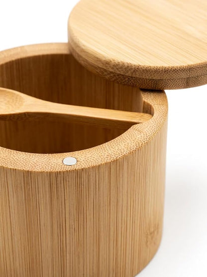Salt Cellar with Magnetic Swivel Lid and Spoon – Bamboo Salt Box for Countertop, 6 oz Wooden Salt Container | Stores Sea Salt, Kosher Salt, Spices, Pepper & Sugar | Housewarming Gift for Home Cooks