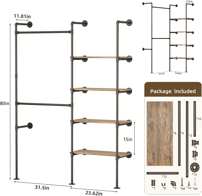 Industrial Pipe Clothing Rack, Heavy Duty Adjustable Garment Hanger with Shelves, 2 Installation Methods Closet Storage System for Wardrobe Organization (Black, 80" H x 55" W)
