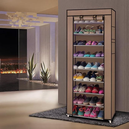 10-Tier Non-Woven Fabric Shoe Rack, Large Shoe Shelf, 2 Side Pockets Shoes Storage Cabinet Organizer with Dustproof Cover for Closets, Bedrooms, Garages, Coffee