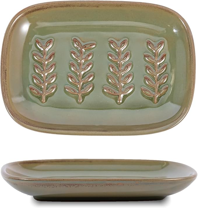 HighHerz Aesthetic Ceramic Soap Dish for Shower, Soap Holder with Raised Relief, Shower Soap Dish for Shampoo Bar Or Sponge, Soap Saver for Bathroom, Kitchen, Sink, Decorative Soap Tray (Green)