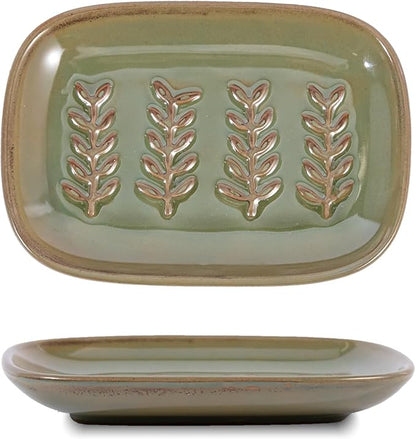 HighHerz Aesthetic Ceramic Soap Dish for Shower, Soap Holder with Raised Relief, Shower Soap Dish for Shampoo Bar Or Sponge, Soap Saver for Bathroom, Kitchen, Sink, Decorative Soap Tray (Green)
