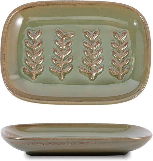 HighHerz Aesthetic Ceramic Soap Dish for Shower, Soap Holder with Raised Relief, Shower Soap Dish for Shampoo Bar Or Sponge, Soap Saver for Bathroom, Kitchen, Sink, Decorative Soap Tray (Green)